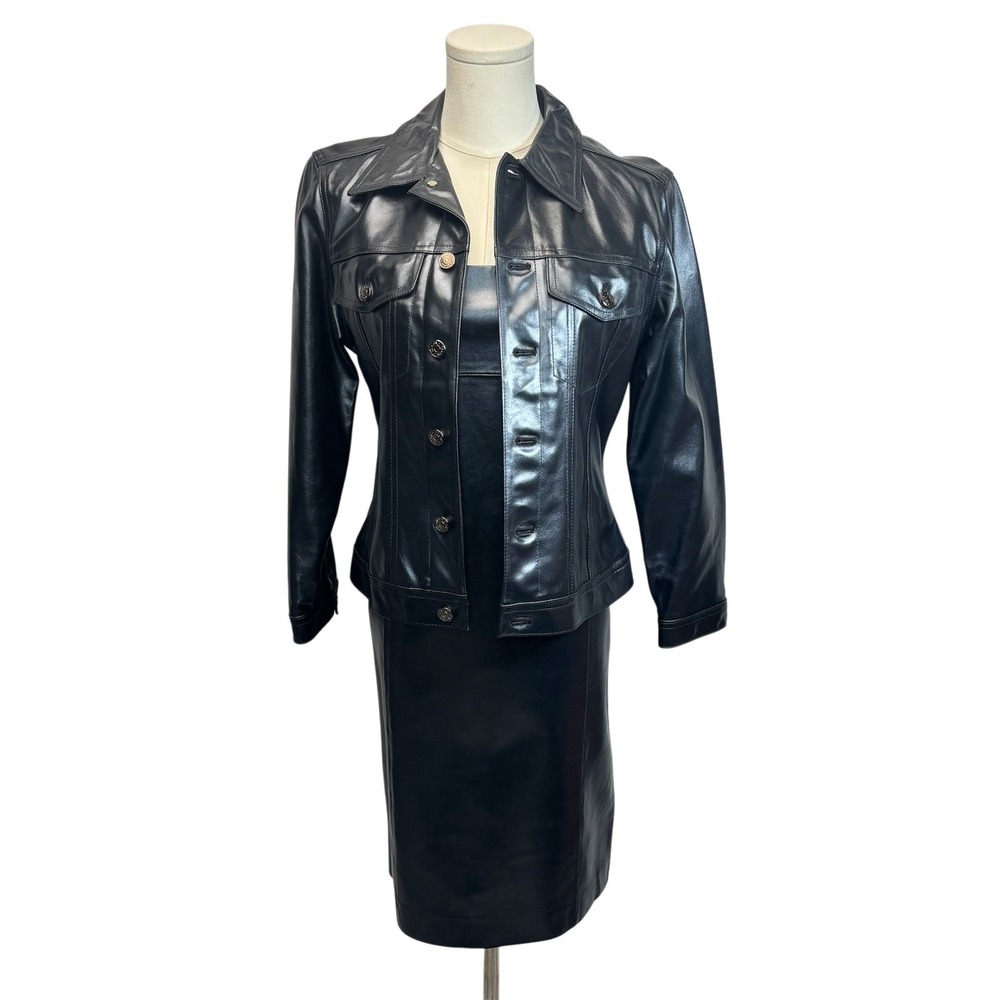 VTG Ralph Lauren Leather Jacket Dress Set Black 90s Moto Biker Cyber Sz 8 Small - Picture 3 of 16
